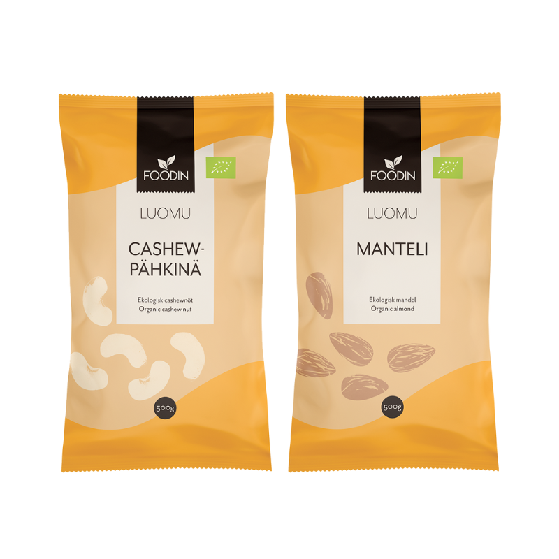Cashew, luomu 500g & Manteli, luomu 500g - valitse 2kpl